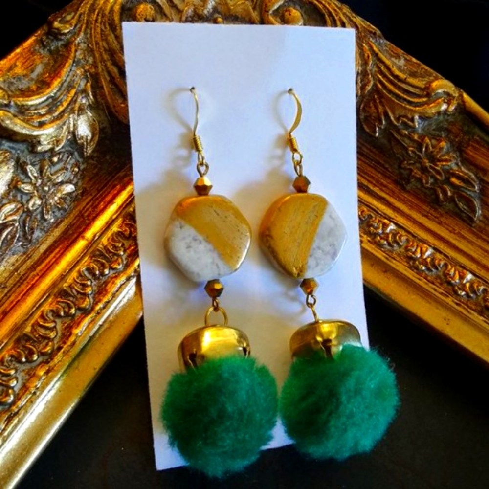 💥CAMELLO - Camel Swag PomPom Brass and Stone Hook Earrings